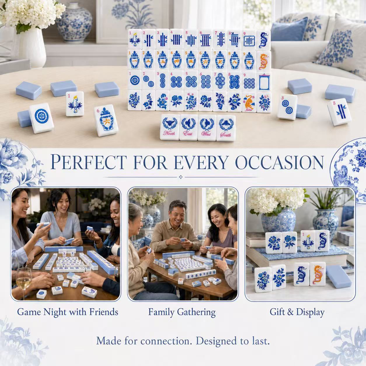 Friends and family playing American Mahjong with Blue Porcelain acrylic tile set at game night