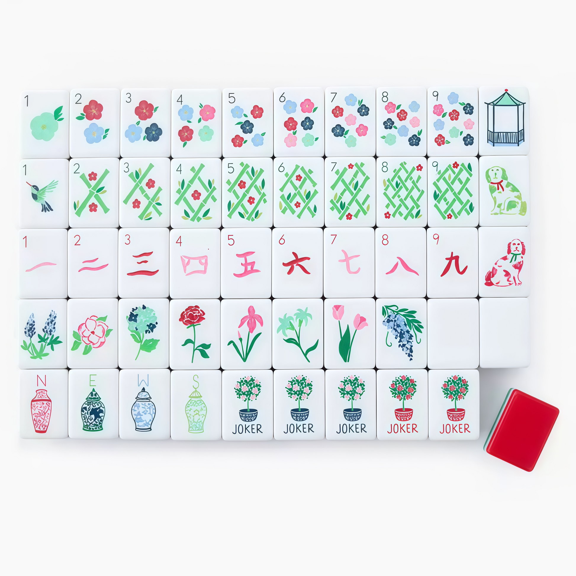 Red Garden Acrylic American Mahjong Tiles Set – Full Tile Layout with Dog Illustrations & Floral Art