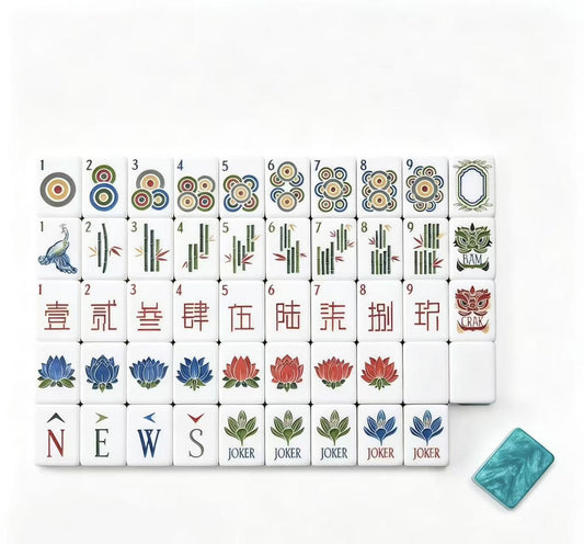 Close-up of olive green 4-layer acrylic American Mahjong Joker tiles with lotus flower design
