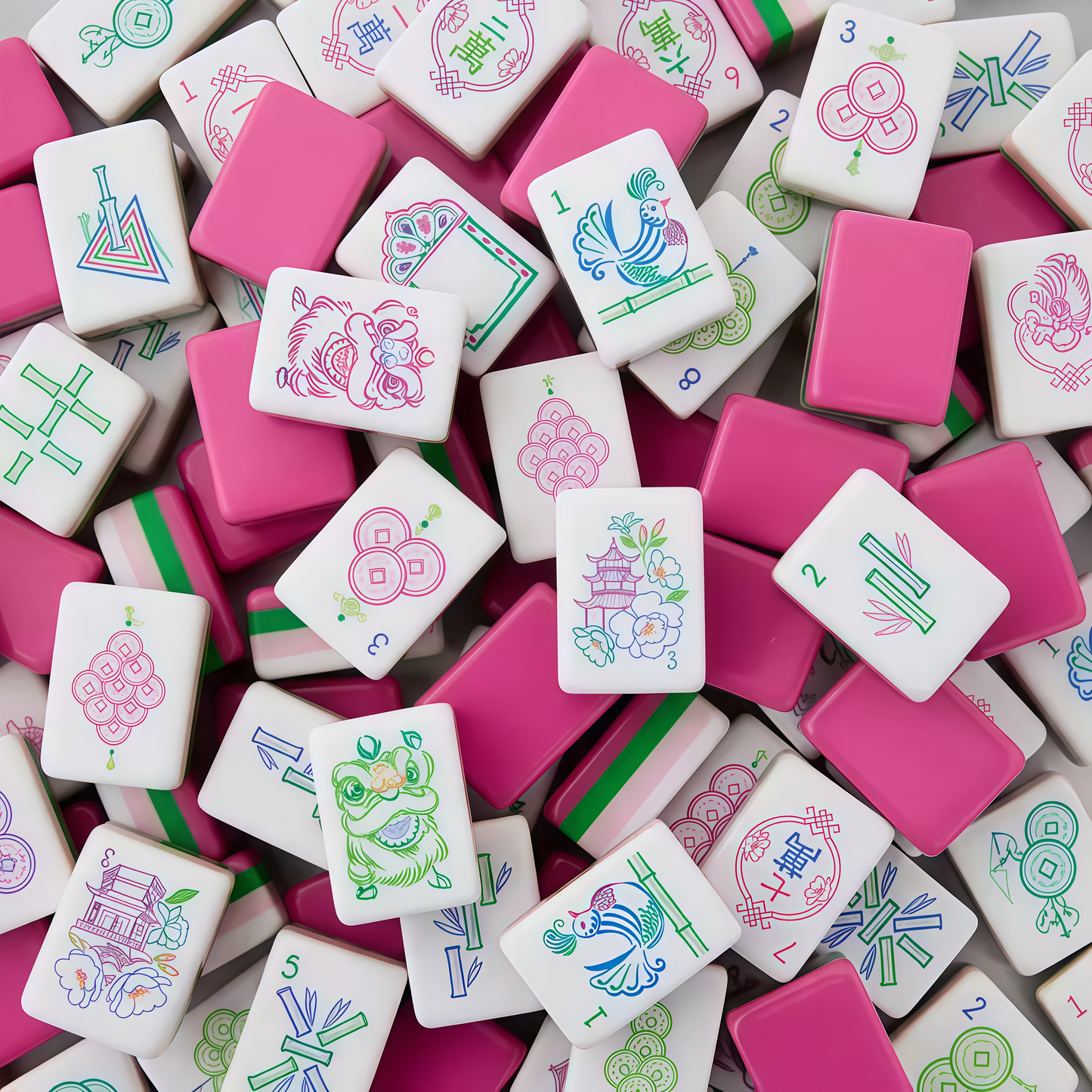 Rose Pink Mahjong Tile Faces – Floral, Pagoda & Geometric Bamboo Artwork