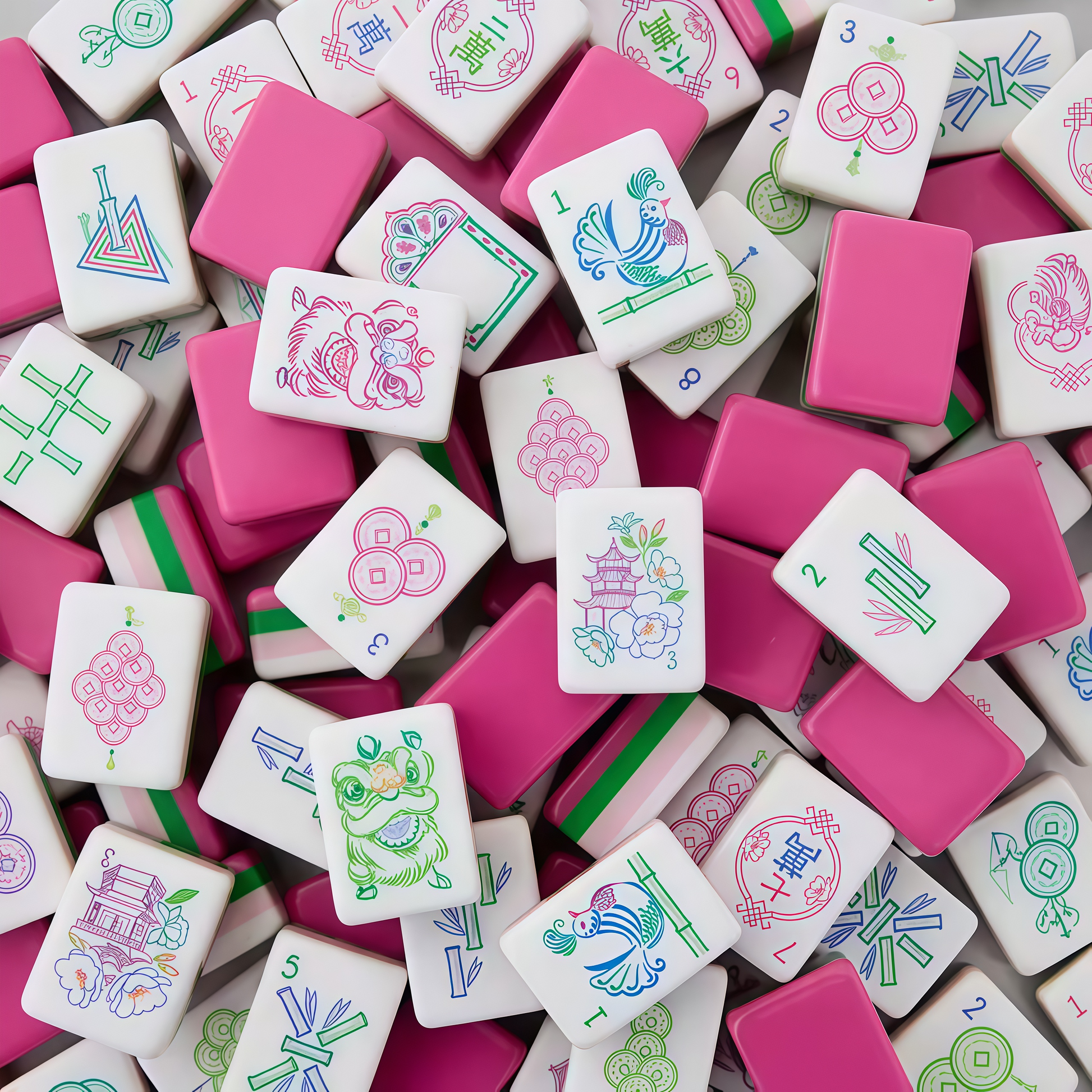 Rose Pink Mahjong Tile Faces – Floral, Pagoda & Geometric Bamboo Artwork