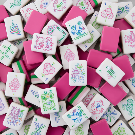 Rose Pink Mahjong Tile Faces – Floral, Pagoda & Geometric Bamboo Artwork