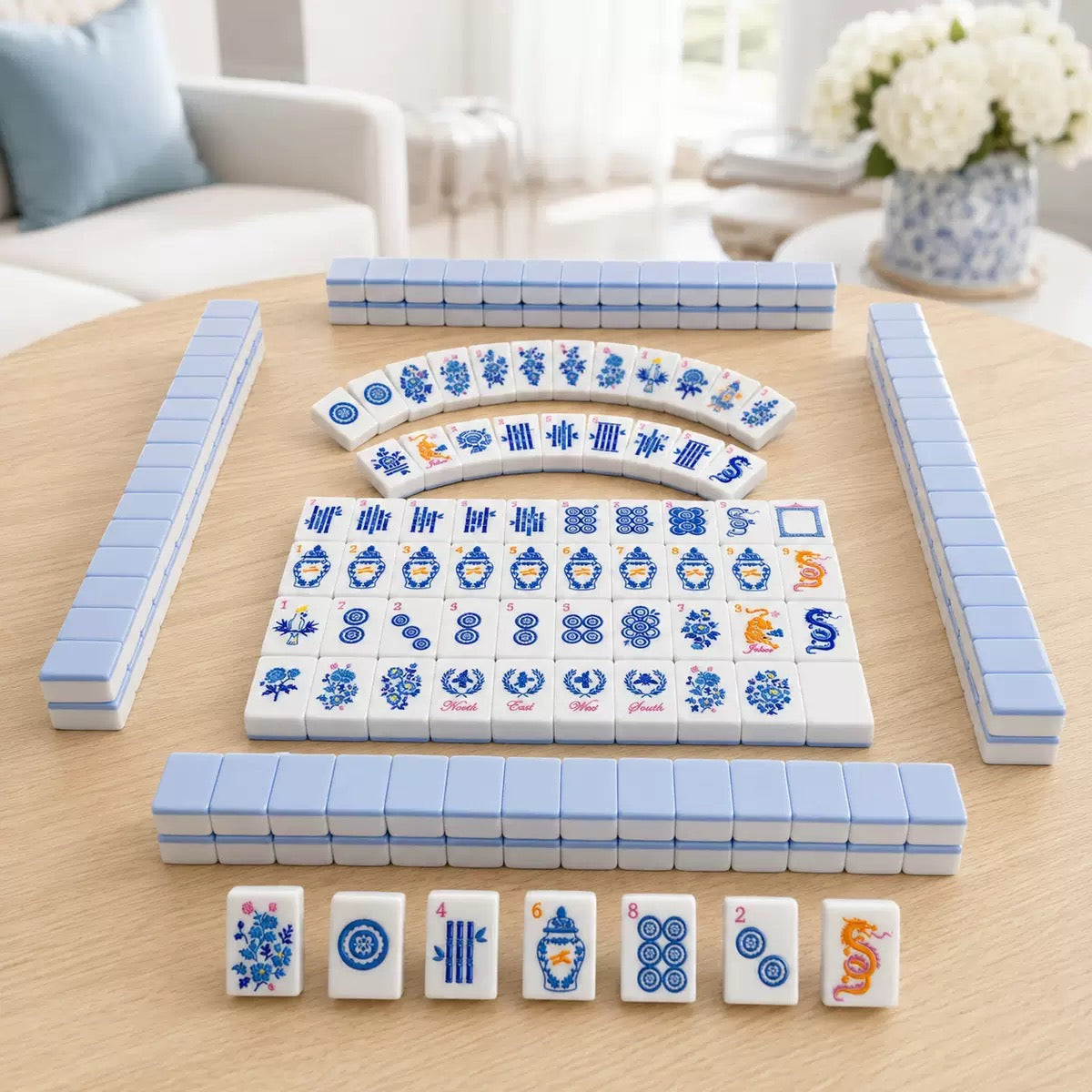 Close-up of Blue Porcelain American Mahjong tiles showing clear crisp printing, smooth rounded edges and durable acrylic construction