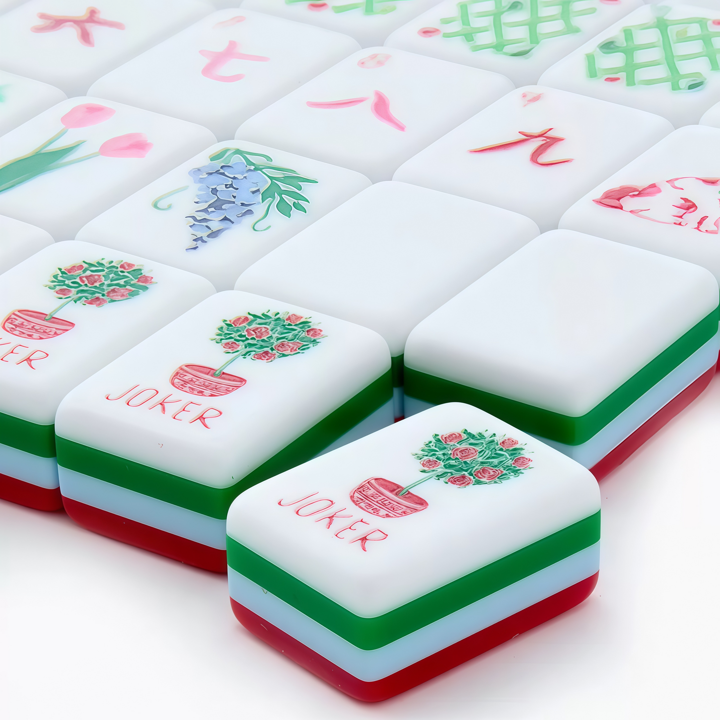 Red Garden Mahjong Tile Faces – Floral Dots, Lattice Bams & Chinoiserie Wind Vases