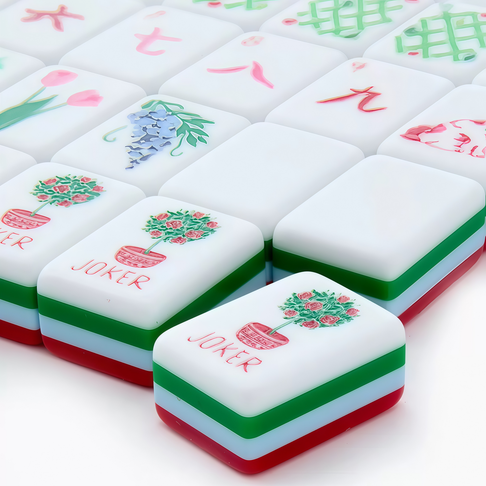 Red Garden Mahjong Tile Faces – Floral Dots, Lattice Bams & Chinoiserie Wind Vases