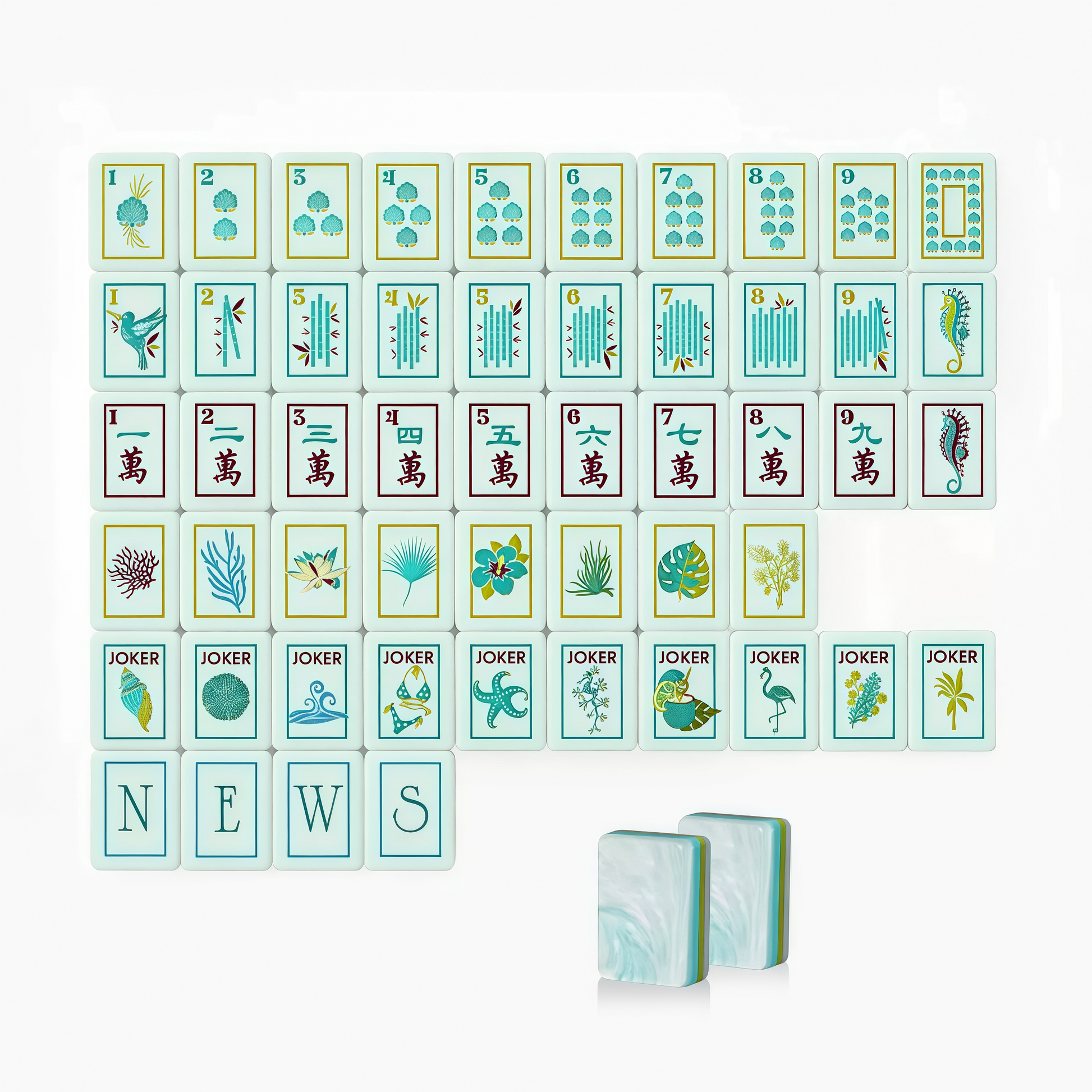 MahjongVibe Ocean Breeze acrylic mahjong tile set with coastal shell and starfish designs