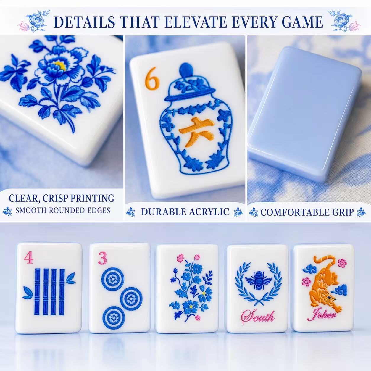 Complete tile breakdown chart showing all 160 Blue Porcelain American Mahjong tiles including bamboos, characters, dots, winds, dragons, flowers and jokers