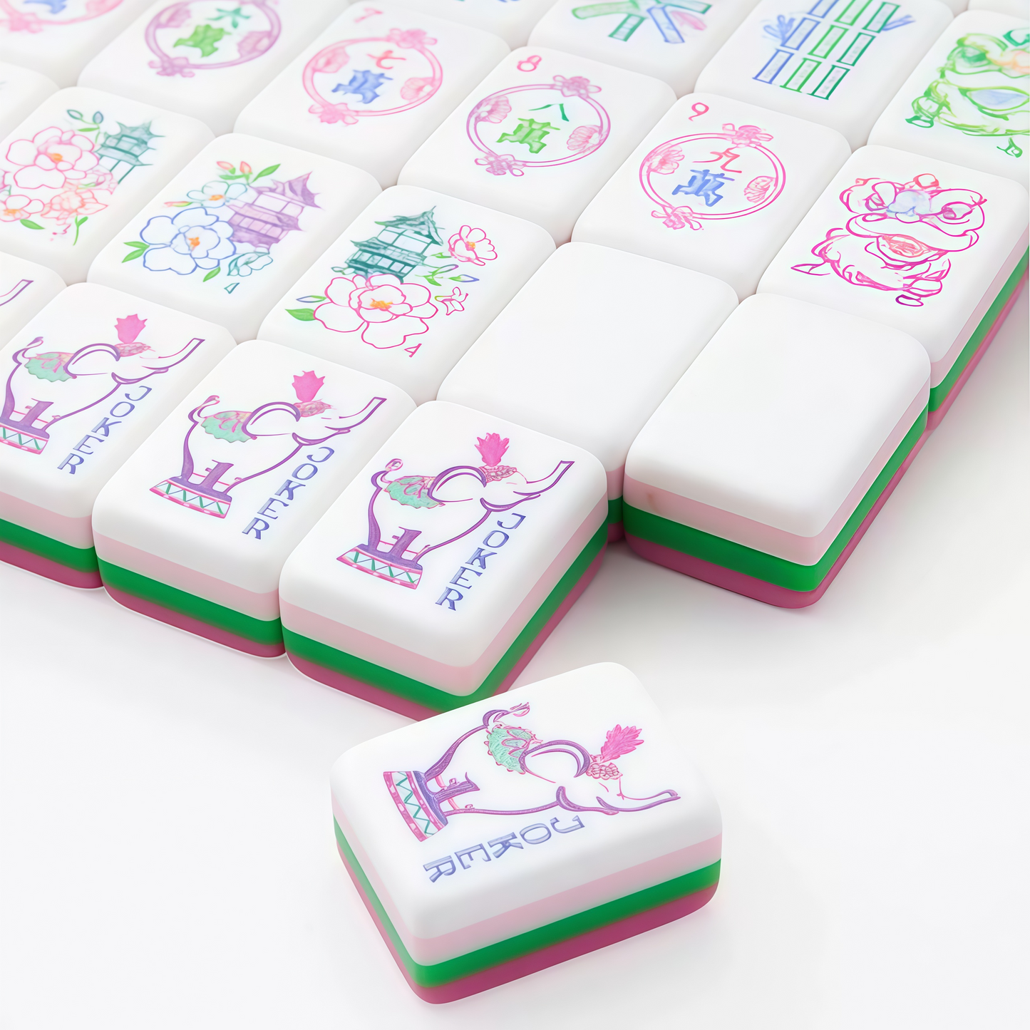 Rose Pink Acrylic Mahjong Tiles Scattered – Elephant Joker & Floral Detail