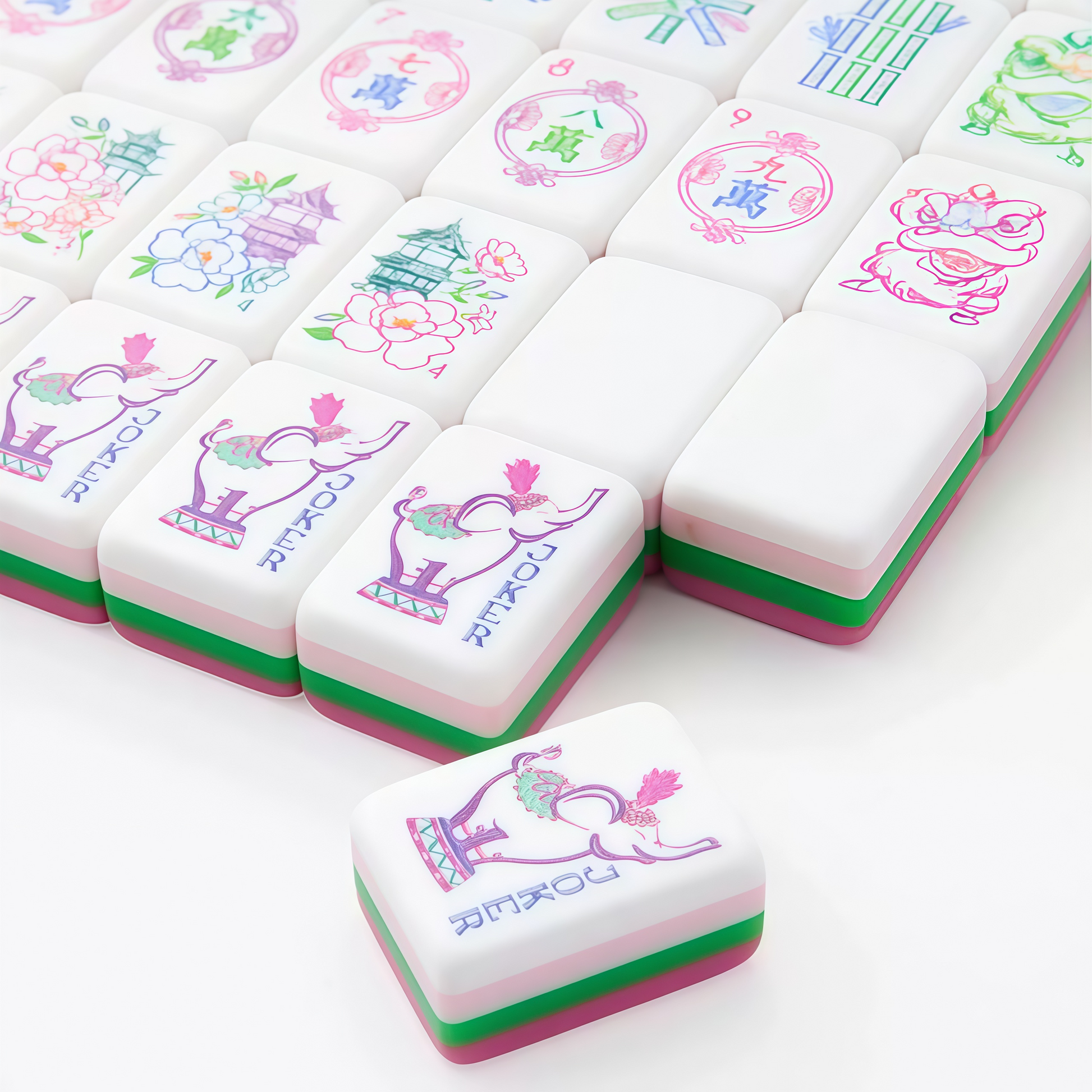 Rose Pink Acrylic Mahjong Tiles Scattered – Elephant Joker & Floral Detail