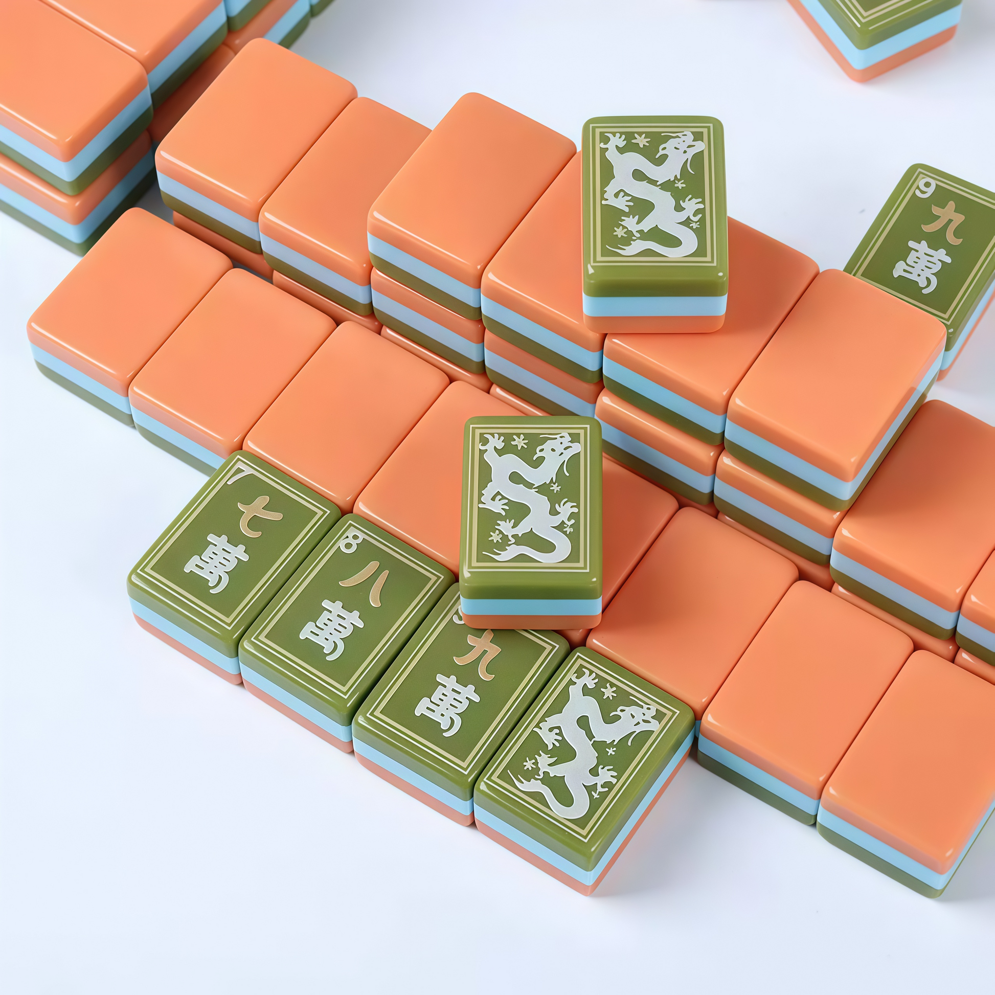 Jade Garden Mahjong Set – Coral Orange Back with Jade Green Face, Dragon & Wind Tiles