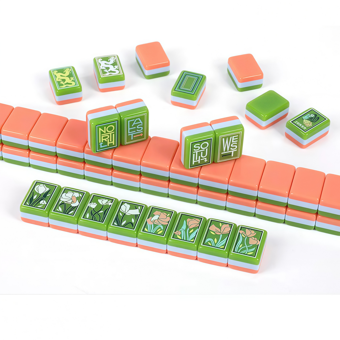 Jade Garden Mahjong Tiles Angle View – Green White Coral Layered Edges & Botanical Artwork