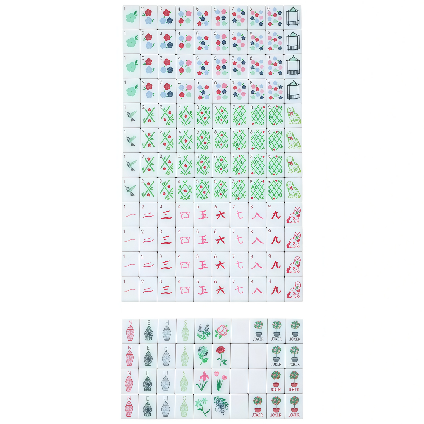 Red Garden Acrylic Mahjong Tiles Scattered – Spaniel Dog, Pagoda & Floral Detail