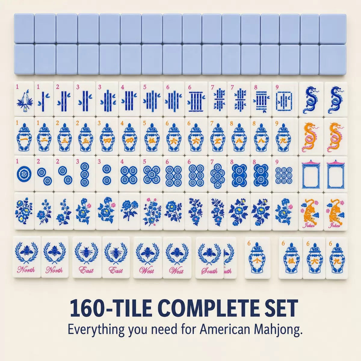 Blue Porcelain American Mahjong tile breakdown showing suits, winds, dragons, flowers, jokers and bonus tiles