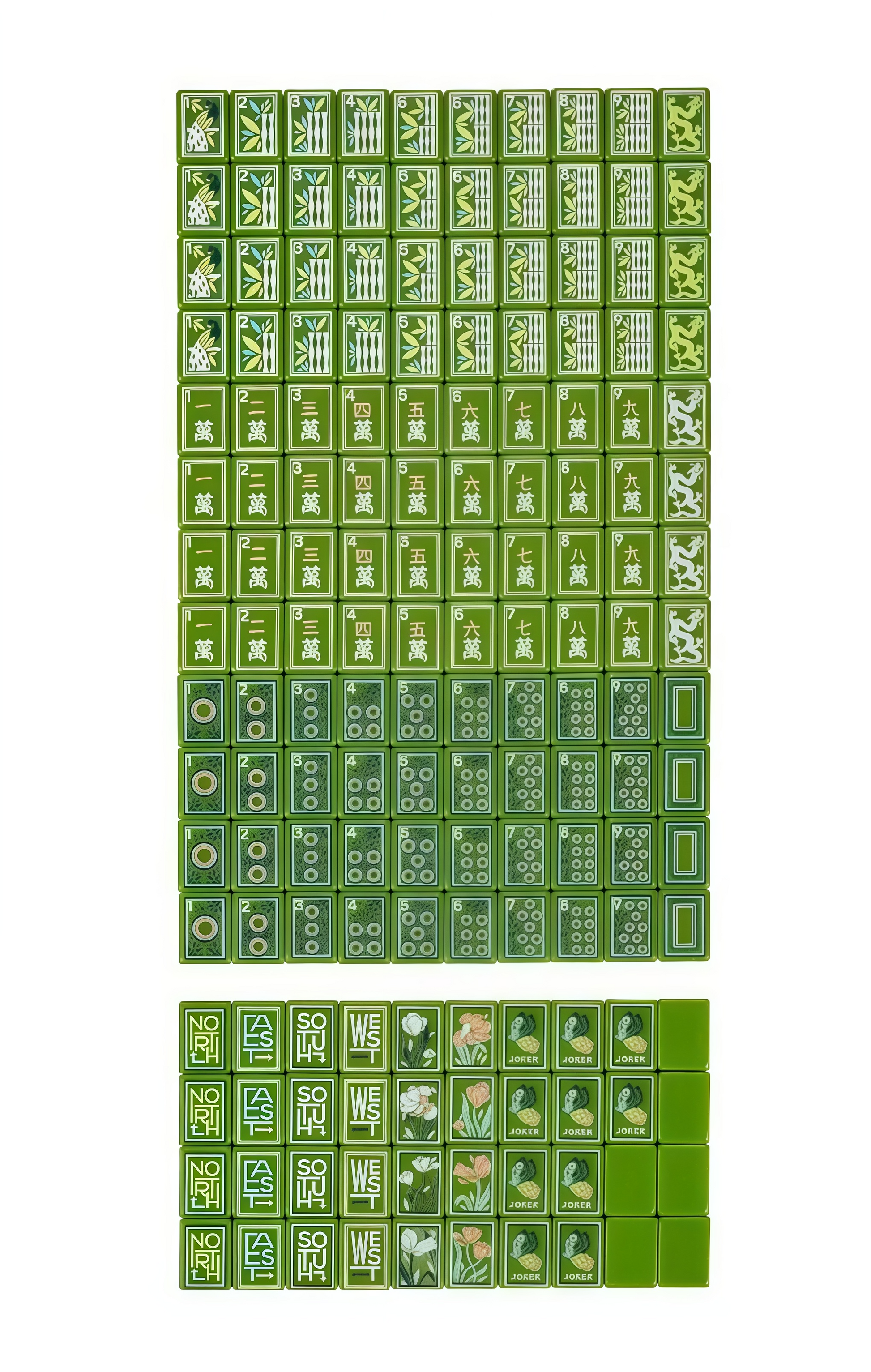 Jade Garden Mahjong Set Lifestyle – Tiles in Glass Bowl on Floral Mahjong Table Mat