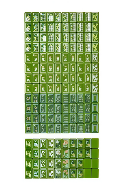 Jade Garden Mahjong Set Lifestyle – Tiles in Glass Bowl on Floral Mahjong Table Mat