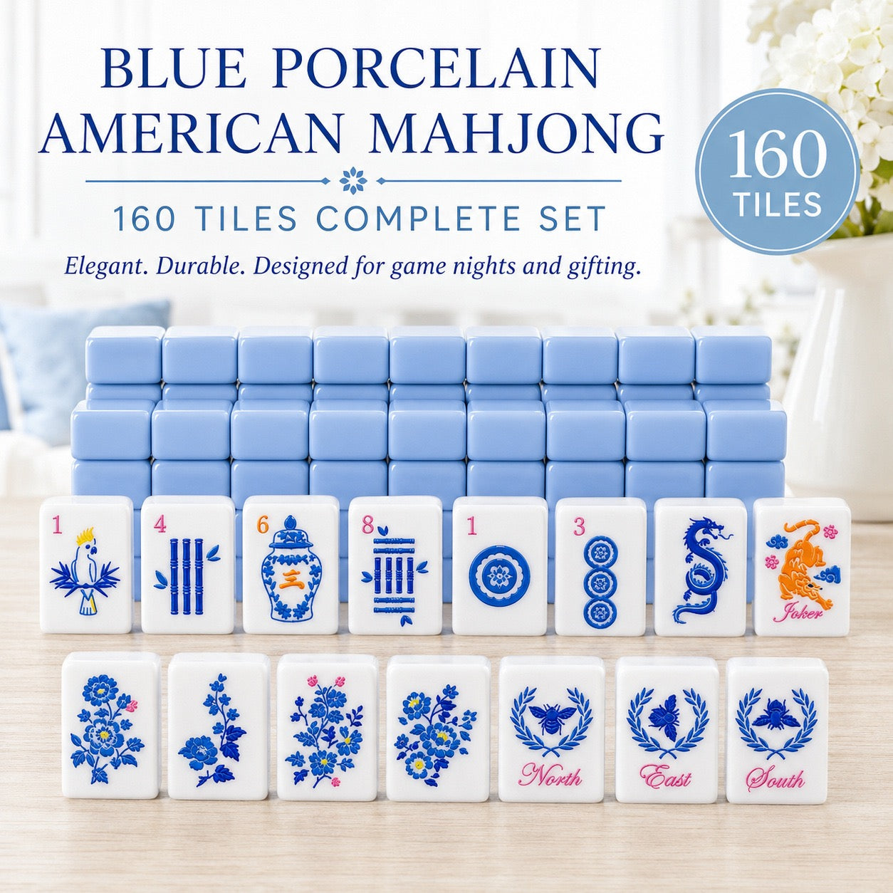 Blue Porcelain American Mahjong set perfect for game night with friends, family gathering and gifting