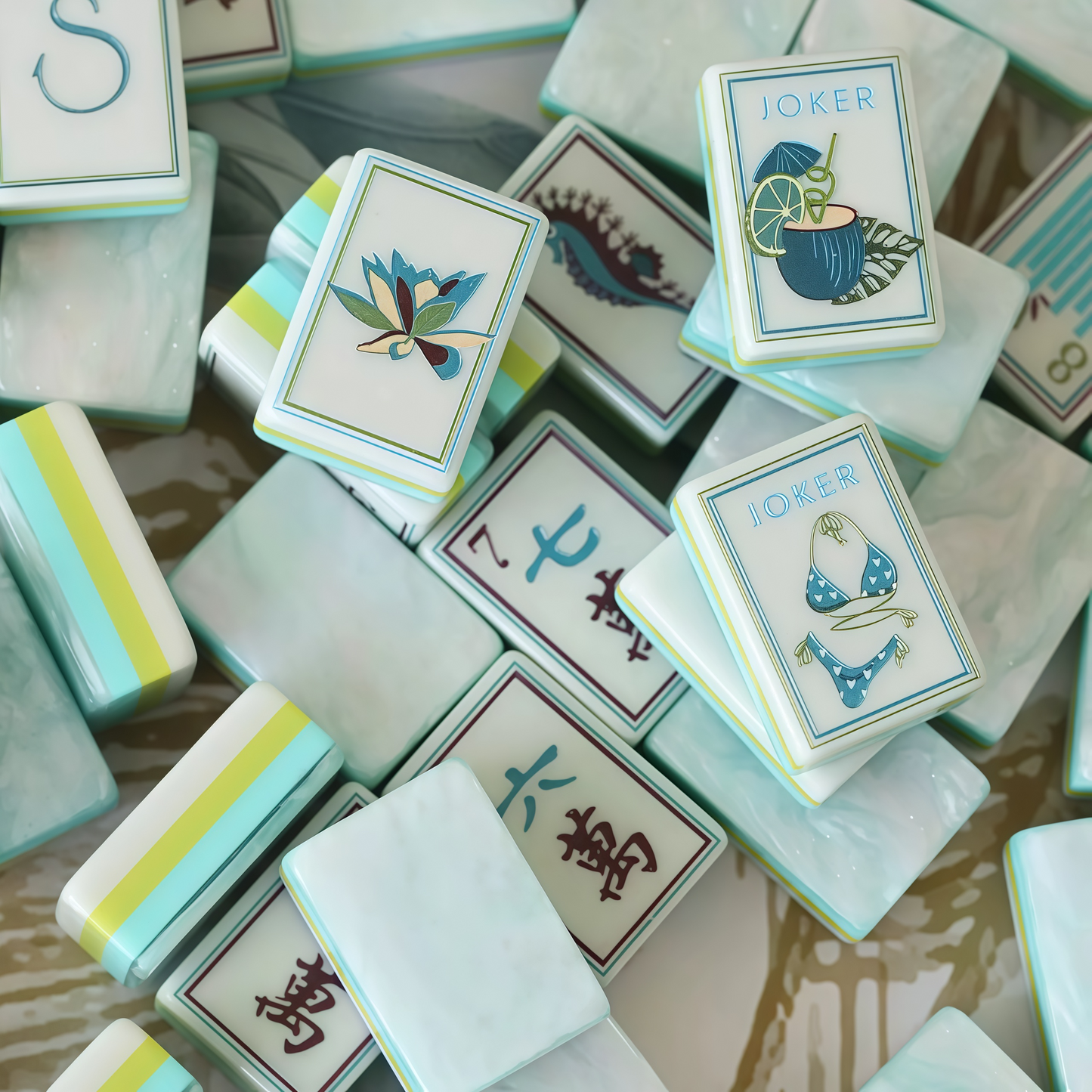 Close-up of 4-layer thickened acrylic mahjong tile with ice-blue sparkle layer