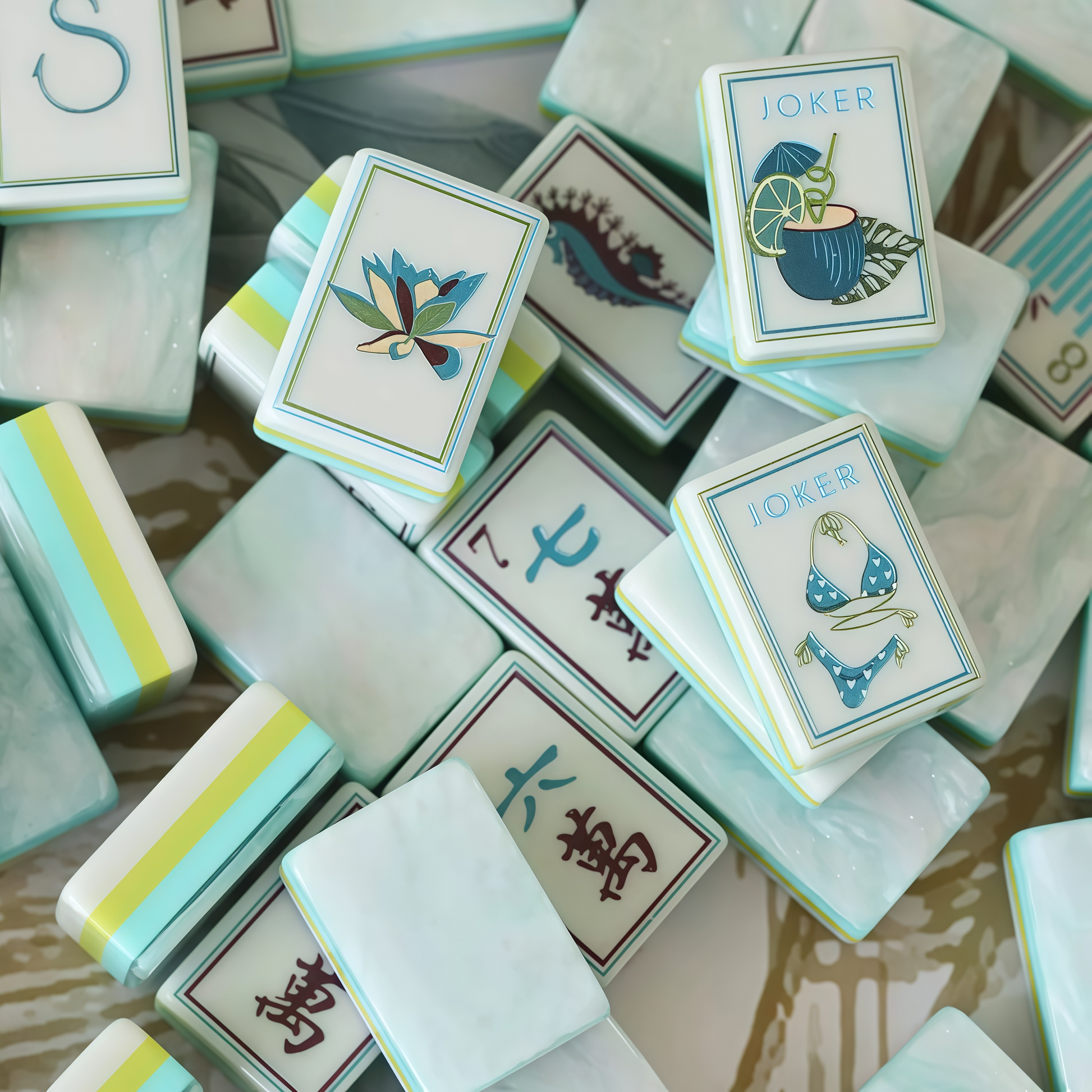 Close-up of 4-layer thickened acrylic mahjong tile with ice-blue sparkle layer