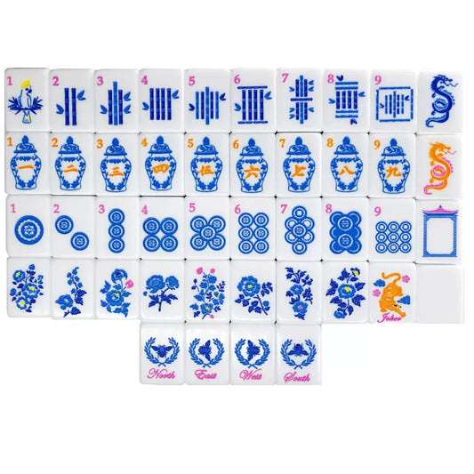 Blue Porcelain American Mahjong Set – 160 acrylic tiles with blue and white porcelain-style floral artwork